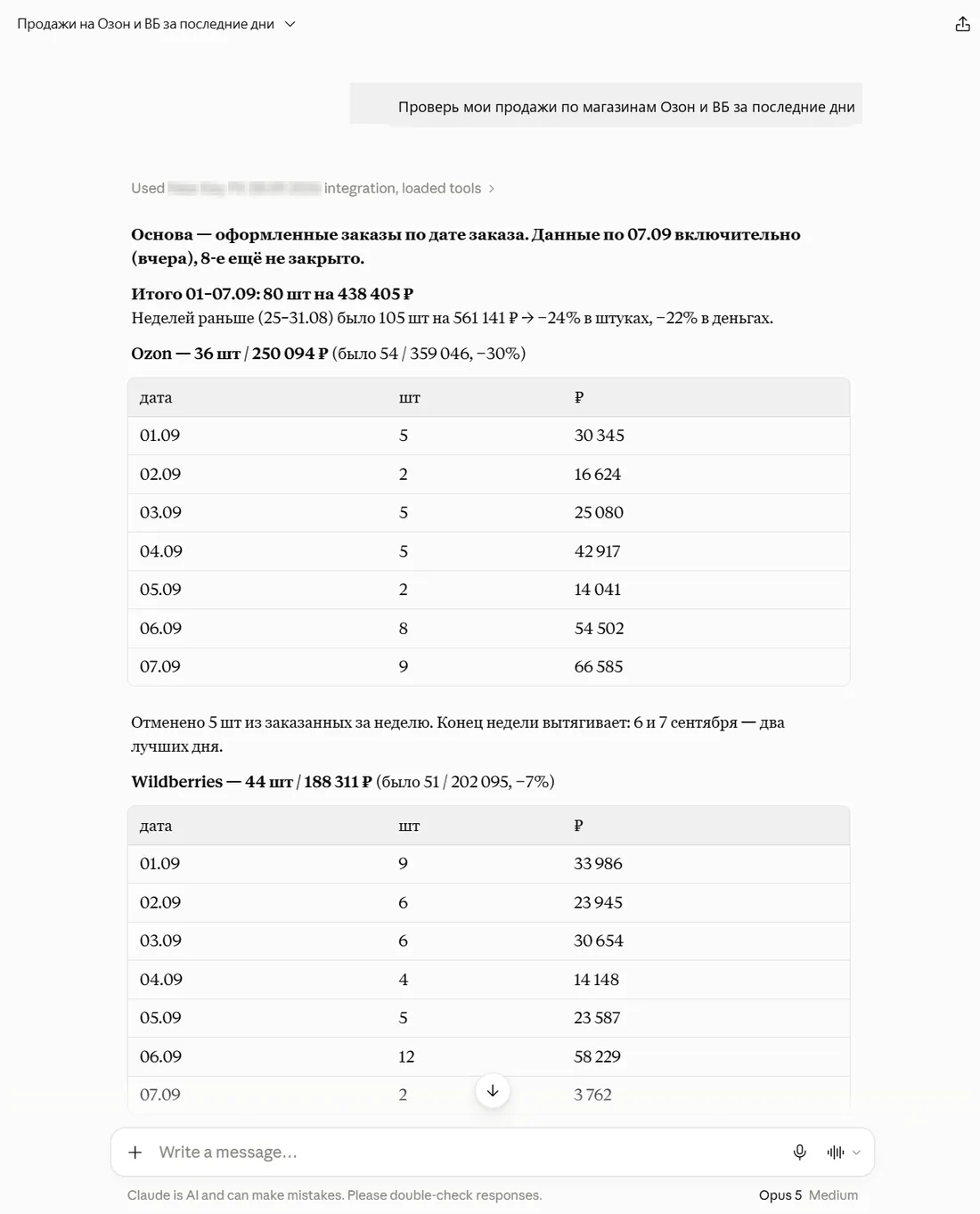 Ответ Claude: основа расчёта, итог за неделю и разбивка по дням для каждой площадки